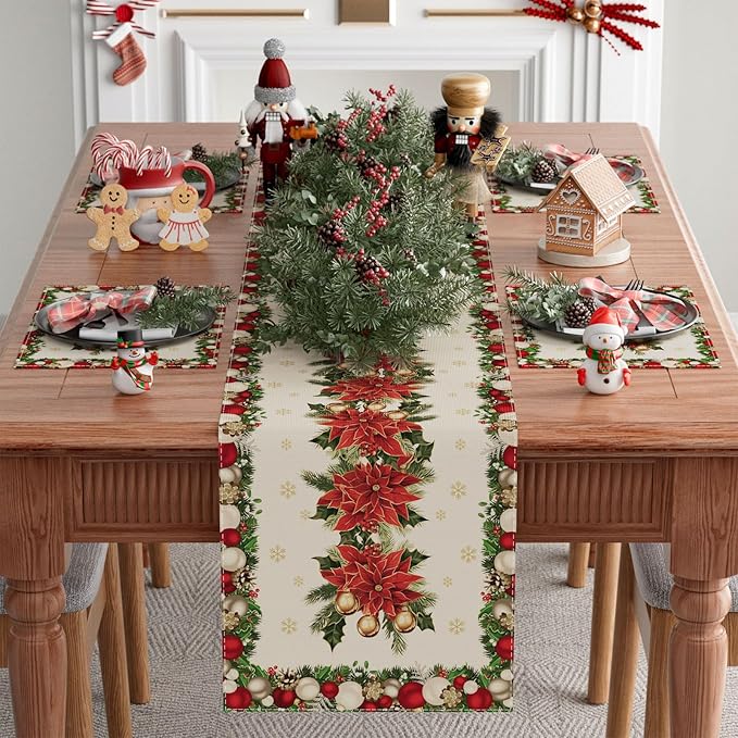 XCHI Christmas Poinsettias Leaves Bells Snowflakes Winter Xmas Table Runner Table Decoration for Home Kitchen Dining Holiday Decor 13x36 Inch