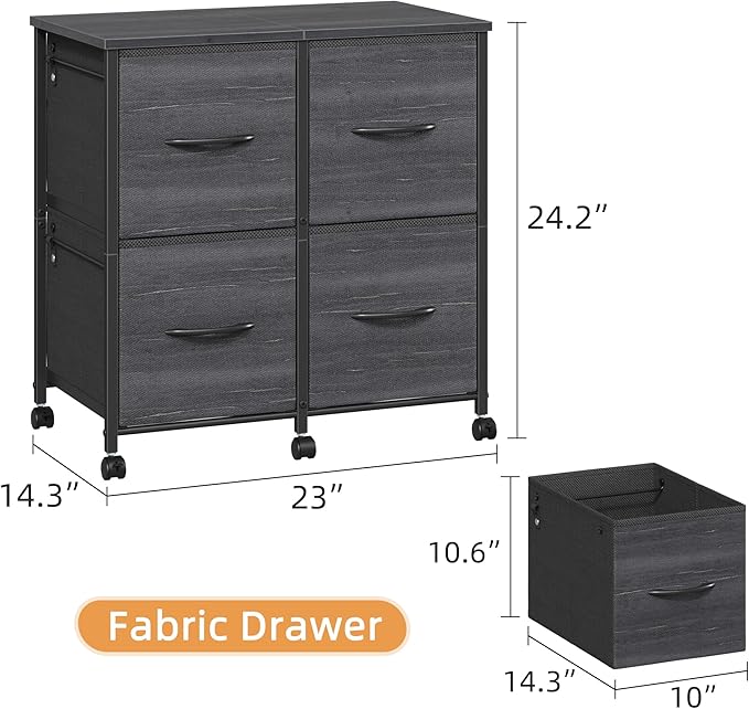 Lateral File Cabinet 4 Fabric Drawer, Mobile Filing Cabinet for Large Printer, Home Office Functional Office Storage Cabinet & Printer Stand, Fits A4/Letter Size, Charcoal Black Grain Print