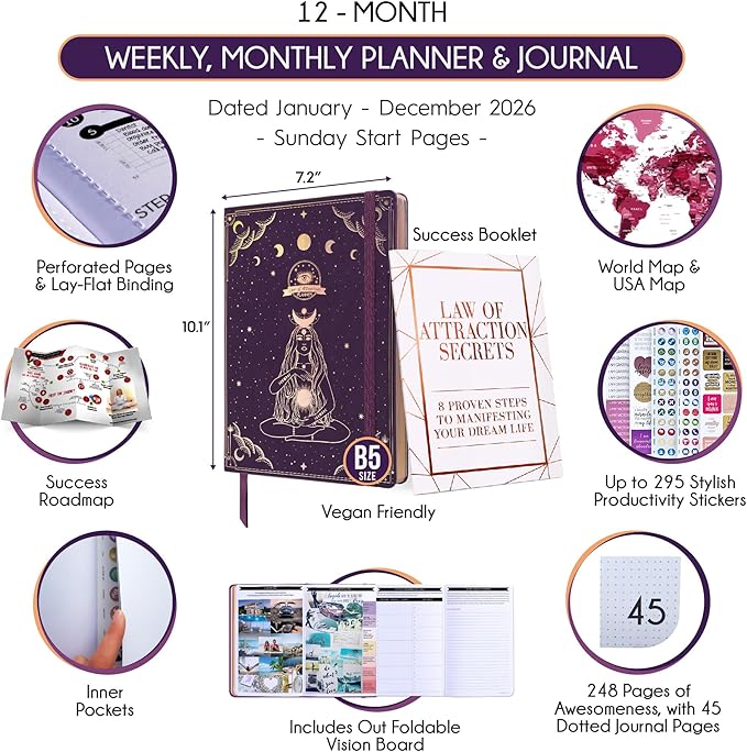 2026 Planner Weekly and Monthly | Law of Attraction Planner with Panduo App | A 12 Month Journey for Productivity, Gratitude & Goal Setting | Includes Foldable Vision Board, Gift Box & Stickers