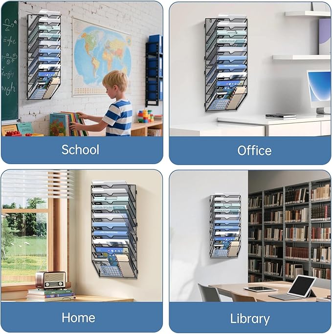 10 Tier Wall File Organizer Office Hanging Mail Holder Wall Mounted, Mesh Paper Document Organizer for Office Home School, Black