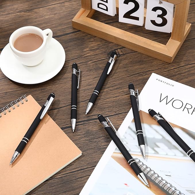 12 Pieces Ballpoint Pen with Stylus Tip, 1.0 mm Black Ink Metal Pen Stylus Pen for Touch Screens, 2 in 1 Stylus Ballpoint Pen (Black)