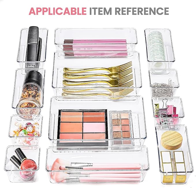 HOUSE DAY Makeup Drawer Organizer Trays 24 PCS, 4-Size Clear Drawer Organizers with Silicone Pads, Vanity Organizers and Storage, Non Slip Plastic Drawer Organizer for Desk, Bathroom, Kitchen, Office