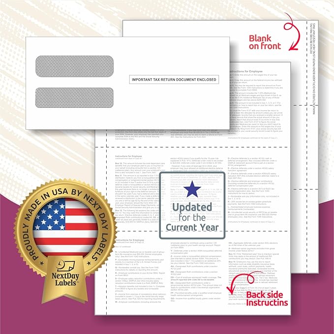 NextDayLabels - W-2 3-Up Employee Tax Forms, Instructions on Back" for 2025, for Laser/Inkjet Printer. Compatible with QuickBooks and Accounting Software ETC. (Pack of 100 Sheets & Envelopes)