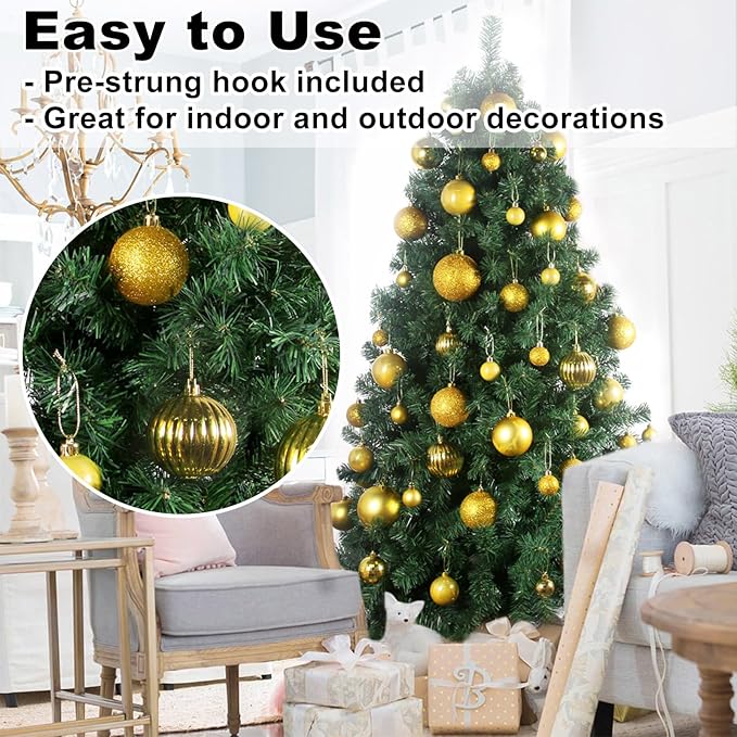 Gold 2.5" Christmas Balls Christmas Tree Decoration Ornaments Shatterproof Hanging Balls for Xmas Tree Holiday Decor Set of 18pcs