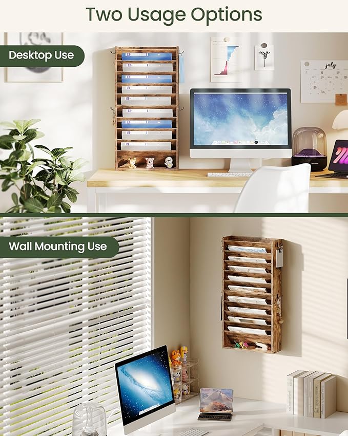 Wall File Organizer, 10-Tier Hanging Mail Organizer, Wall Mount File Holder with 4 Side Hooks, Mail and Storage Organizer, Wooden Vertical Hanging Holder for Office, Rustic Brown MWJ03FG