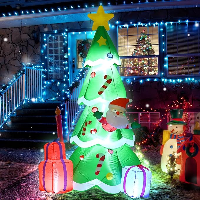 8FT Christmas Inflatables Tree and Santa Decoration Blow up with LED Light Indoor Outdoor Yard Graden Party Holiday Lawn Decor