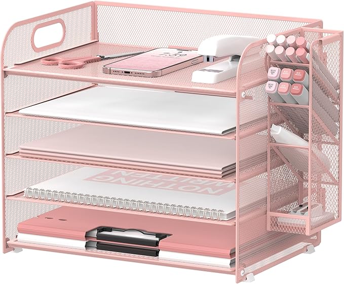 SUPEASY 5 Tier Desk Organizer with Handle & Removable Pen Holders, Mesh Paper/File Organizer for Desk, Paper Letter Tray Organizer for Office Supplies (Pink)