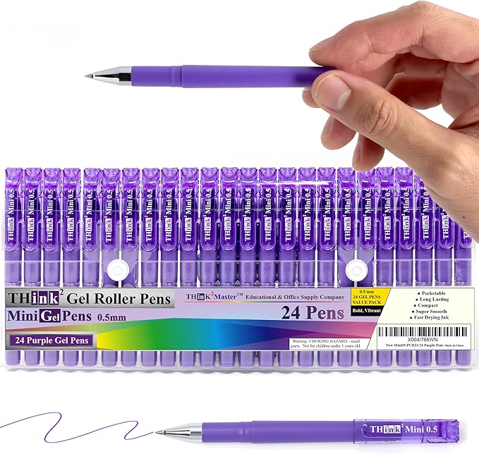 THINK2MASTER [24 Pens - Purple Ink Think2 0.5mm Pocketable Mini Gel Pens. (24 Purple) Fine Point Small Rollerball Pens with Smooth Quick Drying Ink.