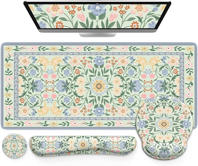 iCasso Desk Cover Mat, Gaming Mouse Pad Wrist Support Set,4in1 XXL Large Mousepad + Keyboard Wrist Rest+Mouse Wrist Rest+Coaster Set with Ergonomic Design for Home Office Table Computer(Green Flowers)