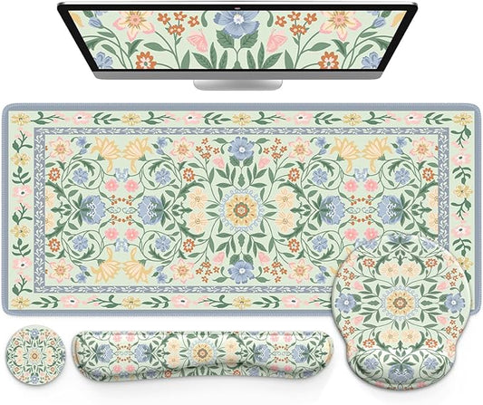 iCasso Desk Cover Mat, Gaming Mouse Pad Wrist Support Set,4in1 XXL Large Mousepad + Keyboard Wrist Rest+Mouse Wrist Rest+Coaster Set with Ergonomic Design for Home Office Table Computer(Green Flowers)