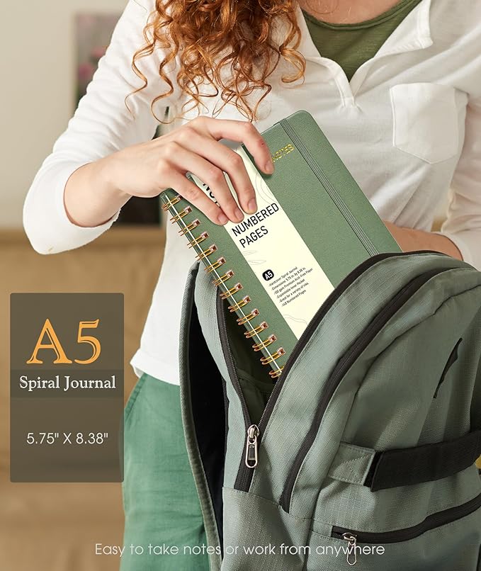 Dotted Spiral Journal Notebook, A5 Hardcover Spiral Journals for Women Men, 100 GSM Dot Grid Paper Notebooks, 150 Pages Spiral Bullet Dotted Notebook for Writing Note Taking 5.75" x 8.38", Sage Green