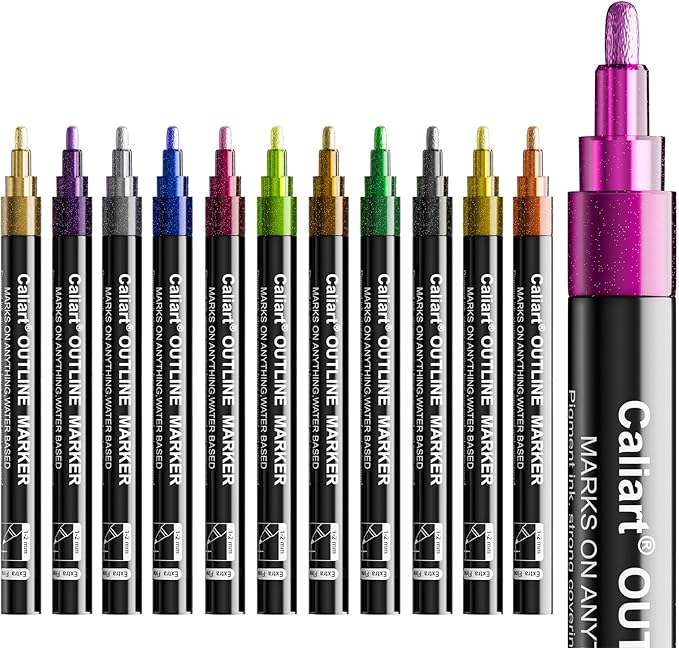 Caliart 12 Colors Outline Shimmer Markers, Glitter Metallic Marker Pens, Stocking Stuffers for Teen Girls Boys Adults Christmas Gifts Trendy Stuff, Cool Fun Craft Drawing Art Supplies Set