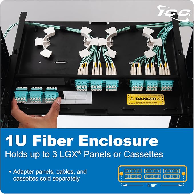ICC 1U Fiber Optic Rack Mount Enclosure - 3 Slots for LGX Compatible Adapter Panels or Cassettes, Supports up to 72 Fibers, Fits 19-Inch Racks, Secure Fiber Management Solution, ICFORE31RM