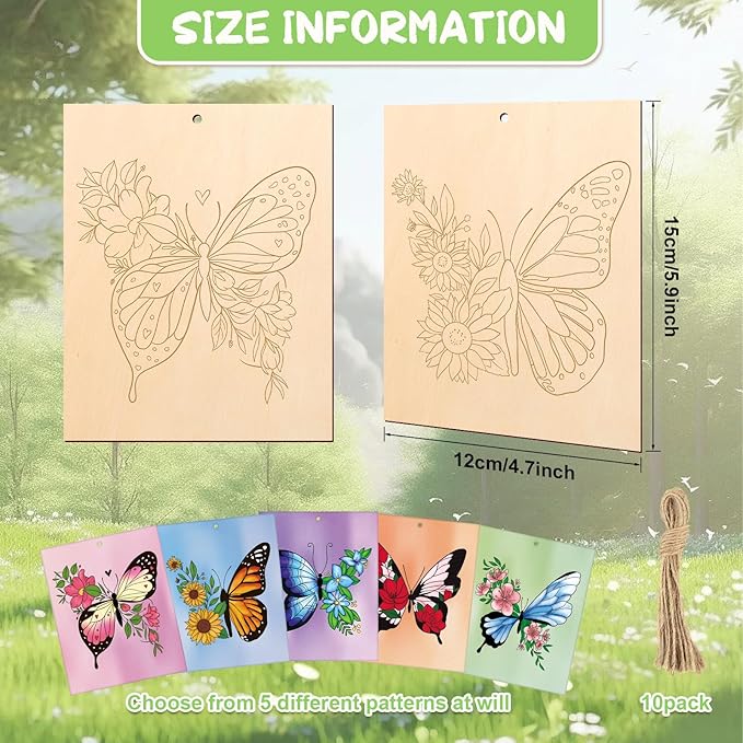 COCHIE 10 Pieces Large Spring Butterfly Unfinished Wood Crafts to Paint for Adults and Kids, Bulk Predrilled Wooden Ornaments for Painting, Butterflies Paintable Wood Slices Craft Supplies with Ropes