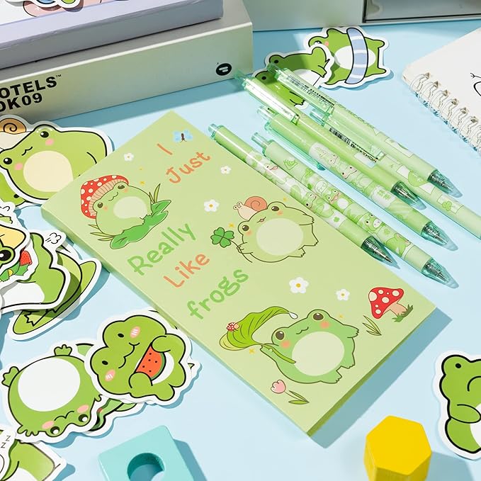 Xqumoi 57Pcs Frog Sticky Notes with Pen Stickers Stationery Set 0.5mm Black Gel Ballpoint Pens Frog Self-Stick Notes Pads Cartoon Frog Vinyl Stickers Back to School Office Supplies Party Favor Gift