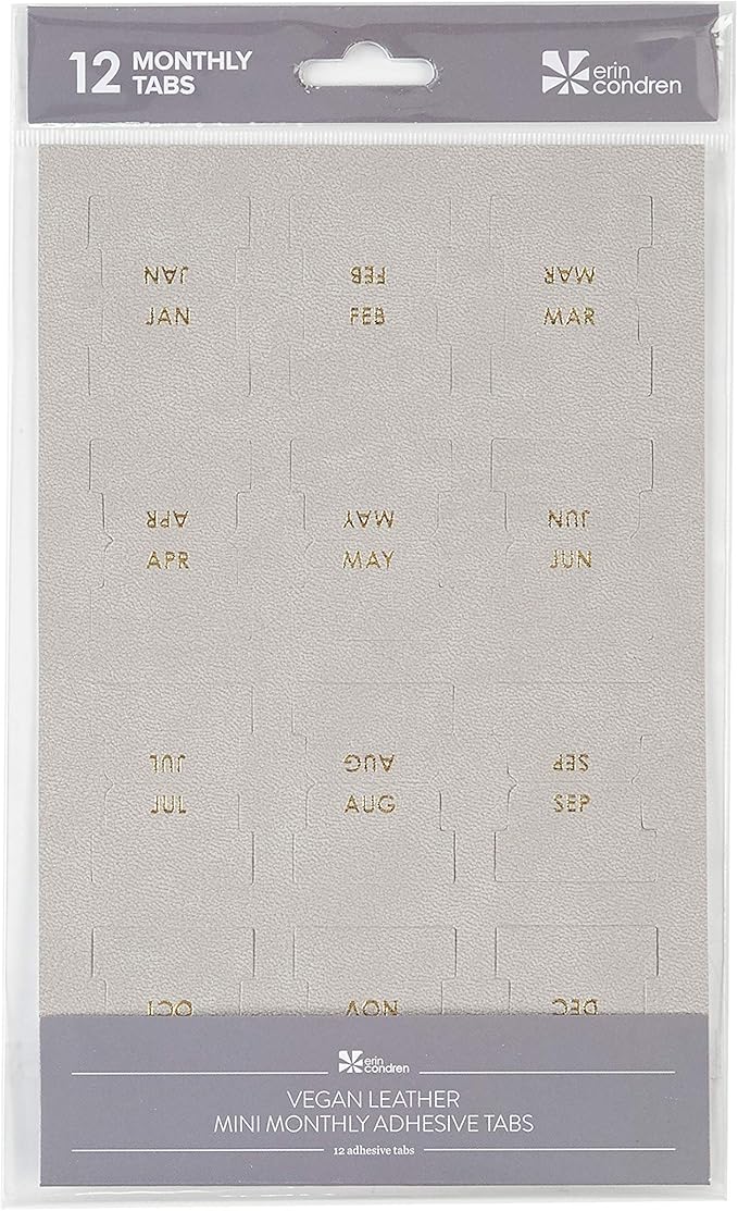 Vegan Leather Gold Foil Mini 12 Month Adhesive Tabs for Folders, Pages. Organize Your Files, Books and Agenda's with These Sticky January Through December File Tabs - Erin Condren