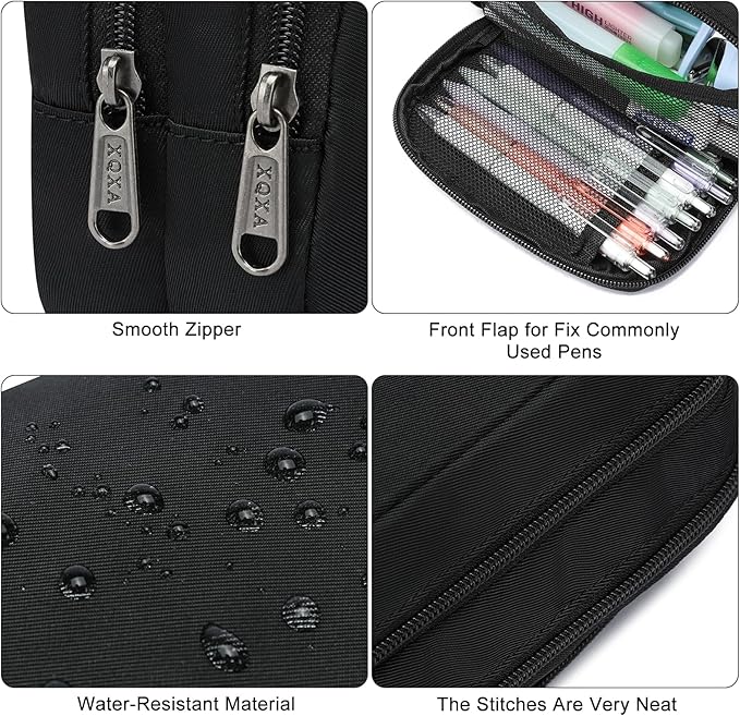 XQXA Pencil Pouch Large Capacity Pencil Case Organizer, Multifunctional Pen bag with 3 Compartmens, Big Pencil Bag for Office Travel Men Women Adult (01-Black)