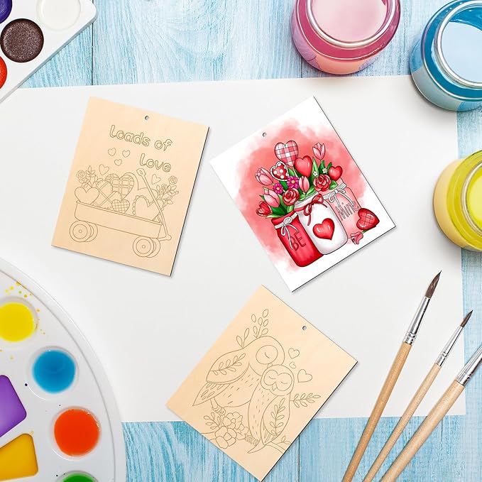 COCHIE 10 Pieces Large Valentines Day Unfinished Wood Crafts to Paint for Kids Adults, Bulk Predrilled Wooden Ornaments for Painting, Heart Pattern Paintable Wood Slices Craft Supplies with Ropes