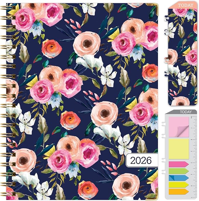 HARDCOVER 2026 Planner, 8.5"x11": 14 Months (November 2025 - December 2026), Daily Weekly Monthly Planner, Yearly Agenda, Bookmark, Pocket Folder and Sticky Note Set (Small Navy Floral)