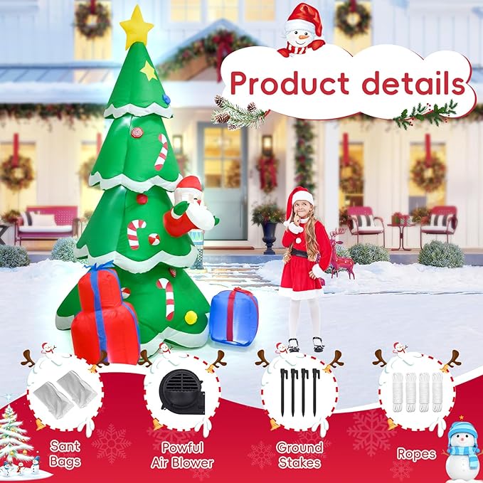 8FT Christmas Inflatables Tree and Santa Decoration Blow up with LED Light Indoor Outdoor Yard Graden Party Holiday Lawn Decor