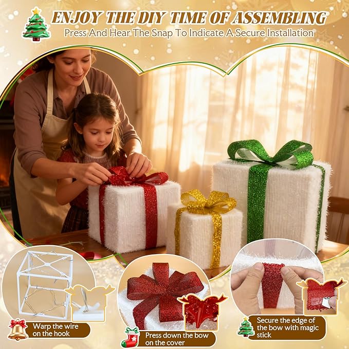 Set of 3 Christmas Lighted Gift Boxes, Large Gift Boxes for Christmas Decorations Outdoor, 50 LED Xmas Box Decorations, Plug-in Warm White Present Box for Indoor/Outdoor, Xmas Tree, Home