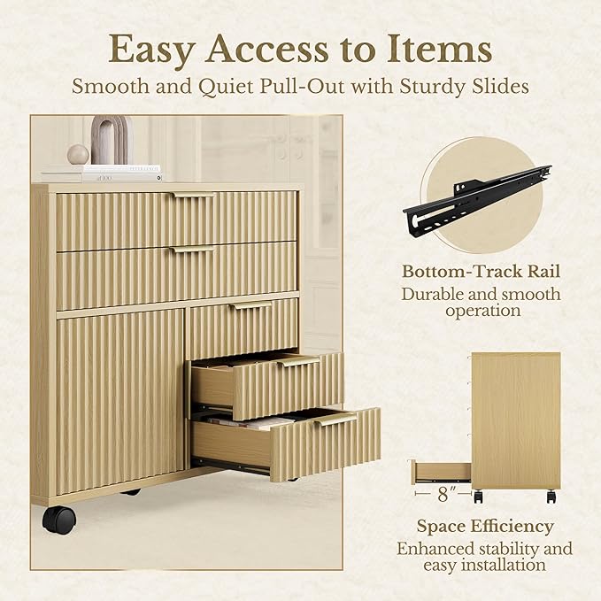Fluted File Cabinet with 5 Drawers, Large Storage with Cabinet Door, Mobile Filing Cabinet with Locable Wheels for Home Office, Light Walnut