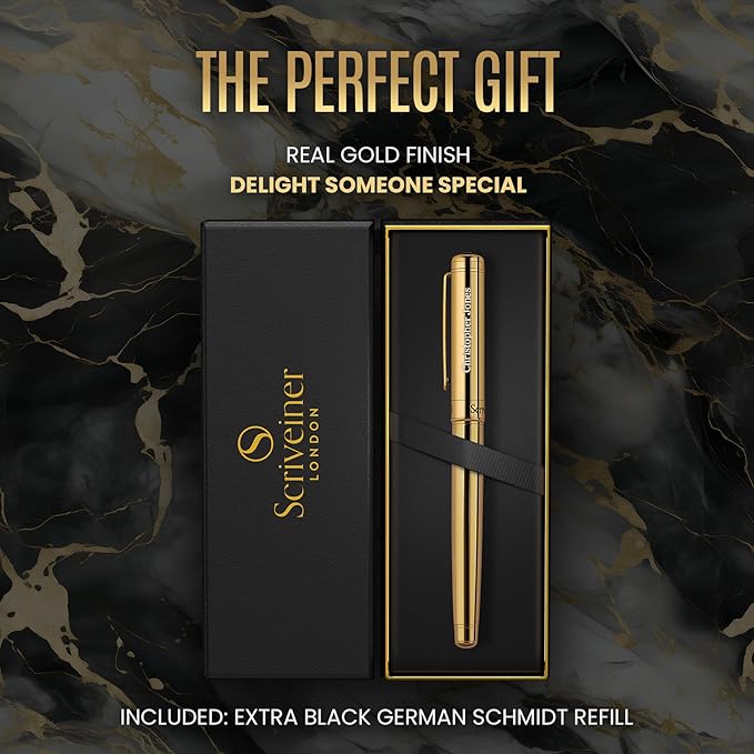 Scriveiner Personalized Gold Rollerball Pen - Stunning Luxury Pen, Real Gold Plating, Schmidt Ink Refill, Best Engraved Roller Ball Gift Set for Men & Women, Custom Name Engraving