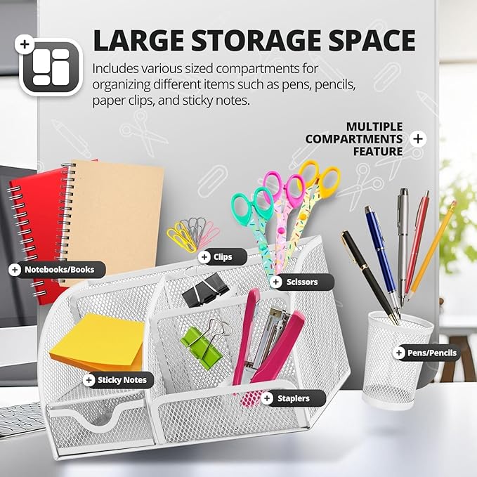 Flexzion Desk Caddy Organizer Set (White) - Metal Mesh Desktop Caddy with Drawers, 6 Compartments, and Pencil Holder for Women & Men - Desktop Organizer and Storage for Work or Office Supplies