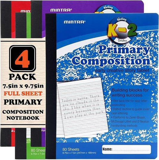 Mintra Primary Composition Notebook, 4 Pack, Assorted Colors 80 Sheets, 7.5in x 9.75in, Full Sheet, Ruled with Drawing Area, Flexible Hardcover Journal, Grade K-2, School & Home Use