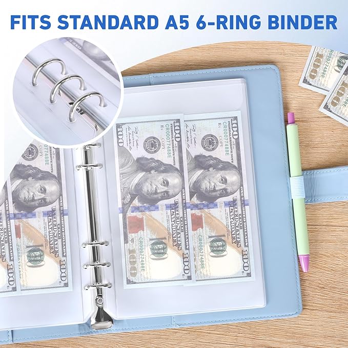 Antner 12PCS A5 Binder Pockets No Zipper 6-Hole Budget Cash Envelopes for Small Refillable Notebook, Zipless A5 Planner Inserts Binder Pouches Loose Leaf Money Organizer Bags for Saving Challenge