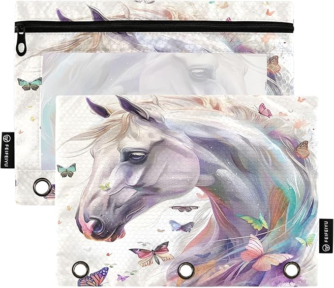 White Horse Butterflies Pencil Pouch for 3 Ring Binder, 2 Pack Waterproof Pencil Bags Clear Window Zipper School Office Supplies