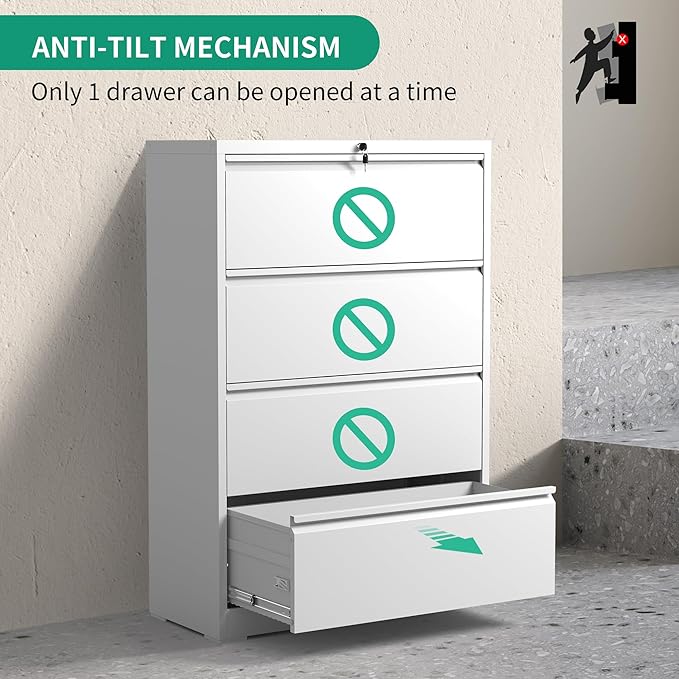 4 Drawer Lateral File Cabinets,White Metal Lateral Filing Cabinet for Home Office,Wide Steel Storage Cabinet Commercial Drawer for Legal/Letter/A4 Size Files