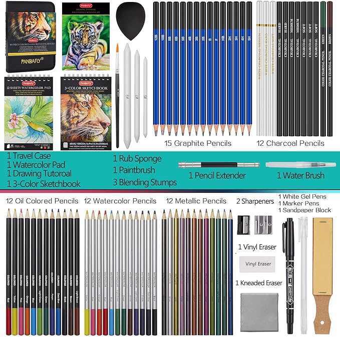 PANDAFLY 80 Pack Drawing Set Sketching Kit, Pro Art Supplies with 3-Color Sketchbook, Watercolor Pad, Colored, Graphite, Charcoal, Metallic Pencil, for Artist Adults Kids Beginner