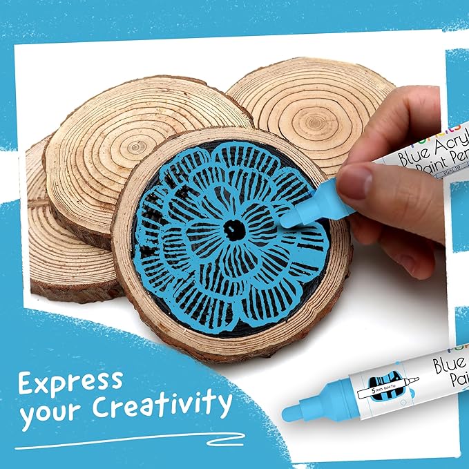 4 Dual Tip Blue Paint Pen Metallic - Fine Tip & Medium Acrylic Markers - Blue Paint Marker for Metal, Wood, Rock Painting, Canvas, Ceramic, Glass, Fabric, Leaf and Plastic - Water-based Ink