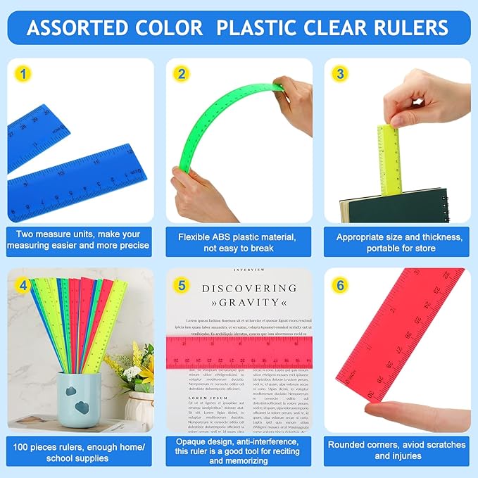 Zonon 100 Pcs 12 Inch Plastic Ruler Assorted Colors Rulers with Centimeters Millimeter and Inches Shatterproof Straightedge Bulk for Classroom School Home Office Kids(Plastic,Yellow, Green, Blue, Red)
