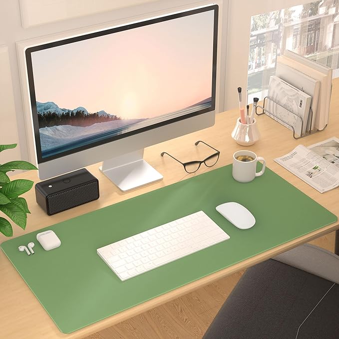 Roslim Leather Desk Pad Protector,Mouse Pad,Non-Slip Computer Mat for Desk,PU Leather Office Desk Mat for Home & Office,Waterproof Laptop Desk Blotter for Keyboard and Mouse,Olive Green ((17''X48'')