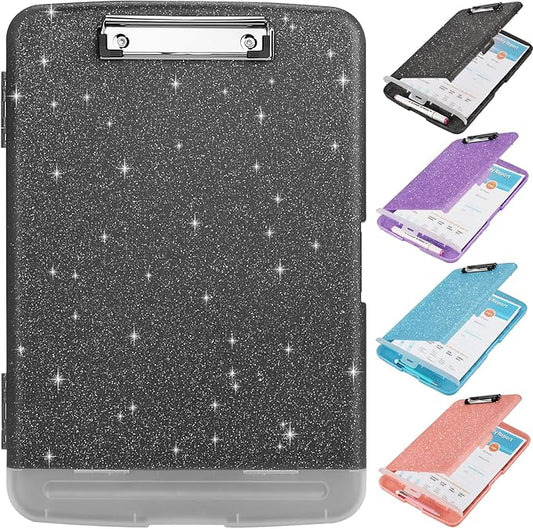 Glitter Clipboard with Storage,Storage Clipboard with Pen Holder,A4 Binder Clip Boards 8.5x11 with Low Profile Clip,Side Opening Sparkle Clipboards,Plastic Clipboards Folder for Office Supplies-Black