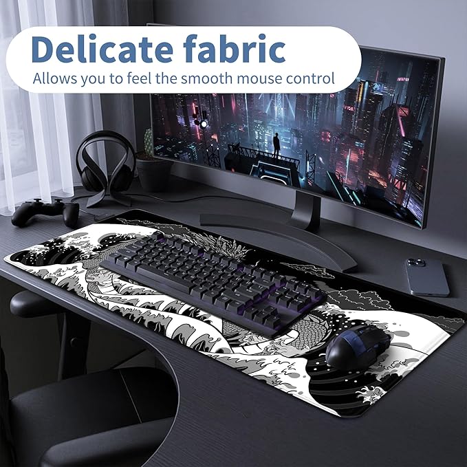 Wave Sea Dragon Gaming Mouse Pad Large Desk Mat Extended Black Keyboard Mouse Pad Gaming Mousepad with Non-Slip Base Stitched Edge Anime Mouse Mat Desk Pad 31.5 X 11.8 Mouse Pads for Desk Home Office