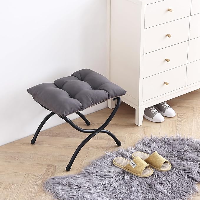 LITA Folding Upholstered Footrest Stool, Modern Small Portable Accent Ottoman with Detachable Thick Cotton Cushion Padded Sofa Stool with Metal Frame for Lazy Chair, Living Room & Bedroom, Dark Grey
