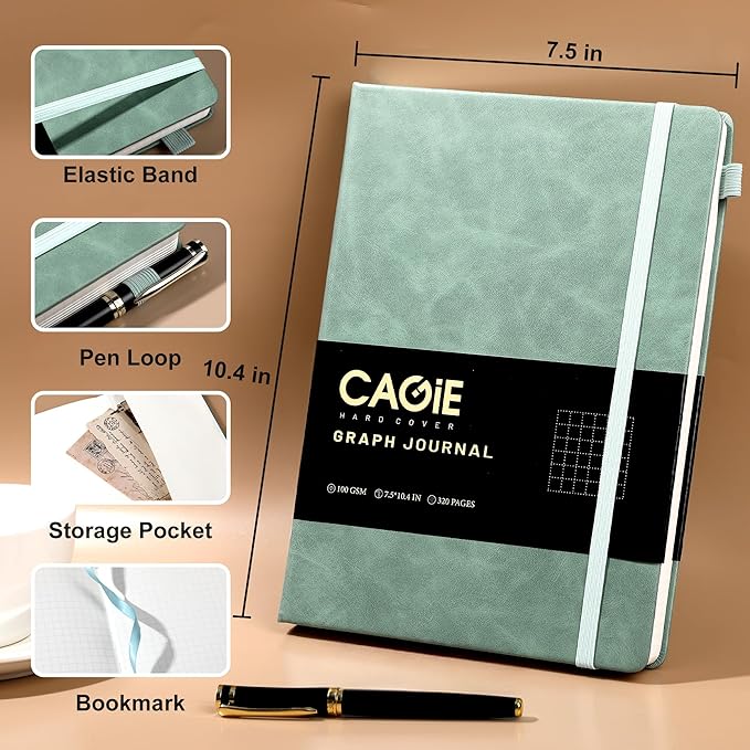 CAGIE Graph Notebook 320 Pages 100 GSM Paper Graphing Grid Journal B5 Hardcover Leather Quad Ruled Notebooks for Engineering, Math, Work, Green