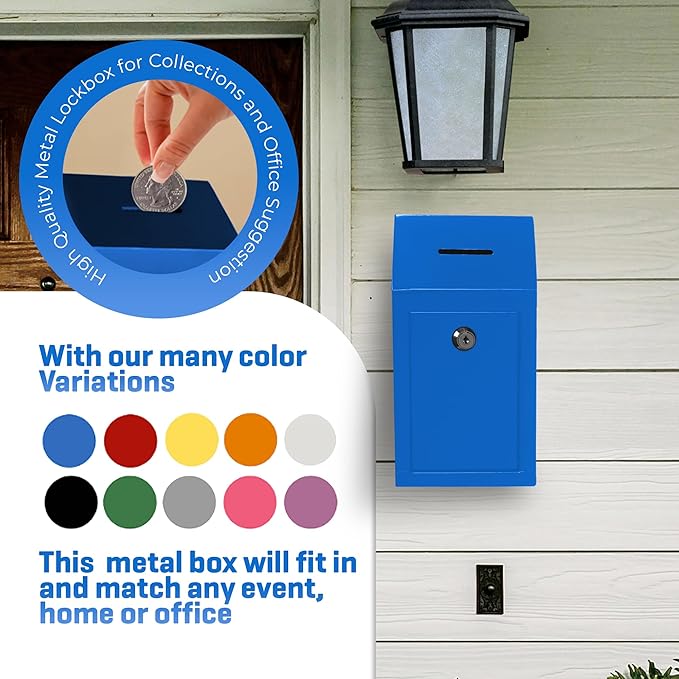 Metal Donation Box-Suggestion Box with Slot and lock-Cash Lock box for Money-Secure Drop Box-Comment and ballot voting box-comes with pre-drilled holes for easy wall mounting 10 X 6 X 2.5"(Blue)