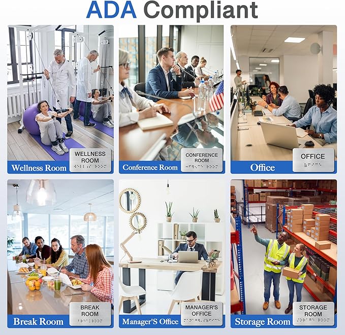 Exit Signs with Raised Text & Grade 2 Braille, Brushed Aluminum/Silver Finish Easy Install with Double-Sided Tape, ADA Compliant Exit Signs for Businesses & Offices