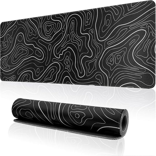 Large Gaming Mouse Pad for Desk, Black Topographic Mouse Pad Desk Mat for Gaming Office, Long XL Mouse Pads Keyboard Pad Desk Pad for Computer Laptop 31.5''x11.8''