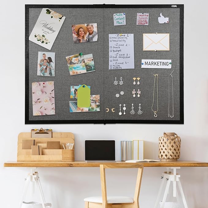 Gideal Large Bulletin Board 36 x 48, Cork Boards for Walls, Black Wood Framed Corkboards with Grey Fabric, Foldable Cork Board for Office, Home & School, Wall Mounted Notice Pin Display Board
