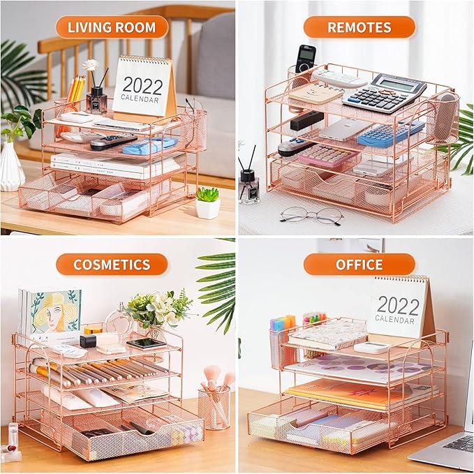 Lavatino 4-Tier Desk Paper Letter Tray Organizer for Desk Accessories & Workspace Organizers with Drawer and 2 Pen Holder for Home, School, Office Supplies Storage (Rose Gold)