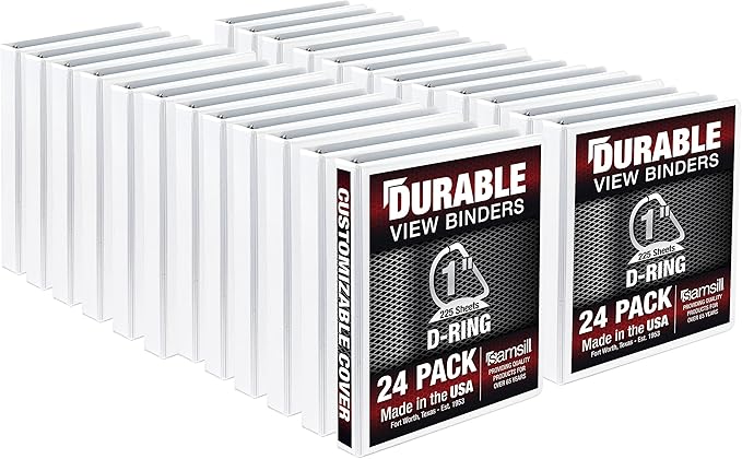 Samsill Durable 1 inch 3 Ring Binder, Made in USA, D Ring Binder, FSC 100% Recycled Chipboard, White, 24 Pack, Bulk