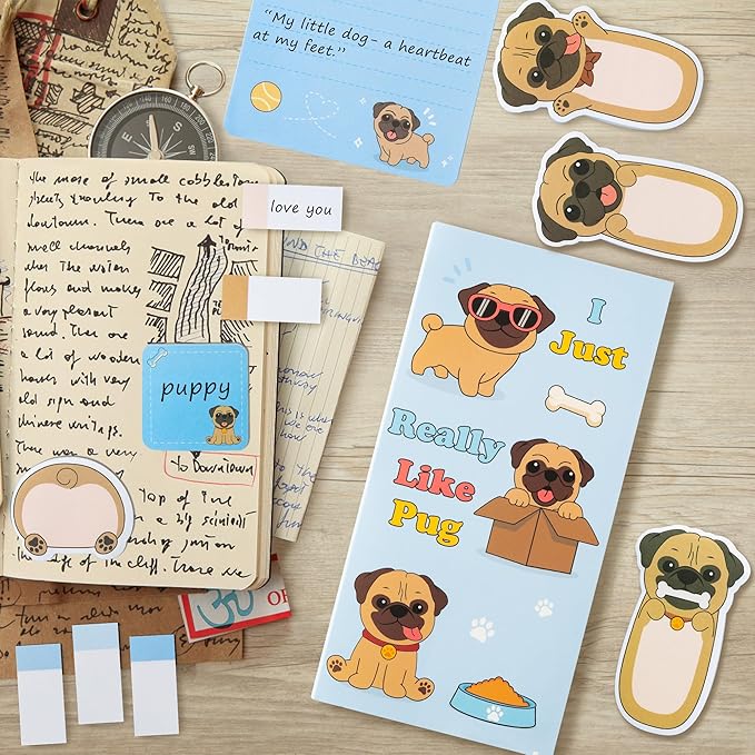 Xqumoi I Just Really Like Pug Sticky Notes Set, 550 Sheets, Cute Cartoon Pug Self-Stick Notes Pads Animal Divider Tabs Bundle Writing Memo Pads Back to School Office Supplies Small Gift