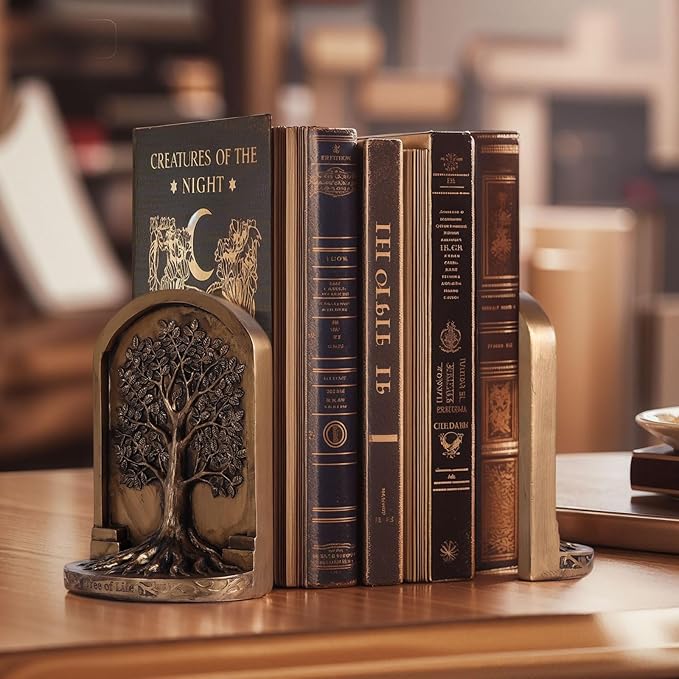 Large Vintage Bronze Finish Tree of Life Bookends Set, 2 Non-Skid Heavy Bookends for Shelves or Bookcase, Decorative Bookends for Desktop Shelf Decor, Library Office Decor, Home Décor Gift