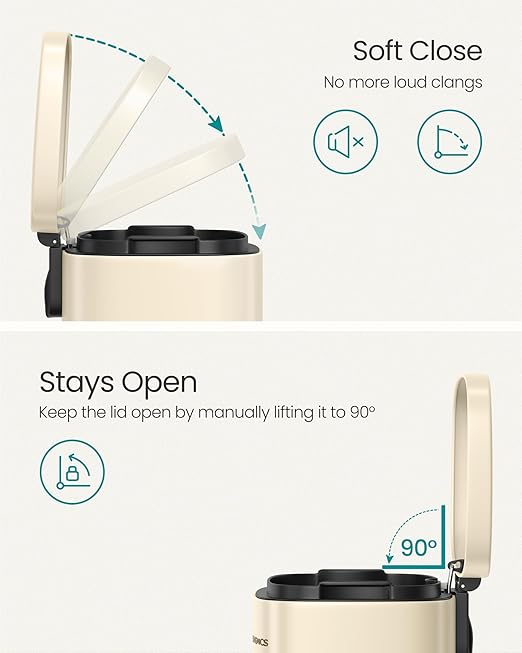 SONGMICS 13 Gallon (50 L) Trash Can, Stainless Steel Kitchen Garbage Can, Recycling or Waste Bin, Soft Close, Step-On Pedal, Removable Inner Bucket, Sand Beige ULTB050A01
