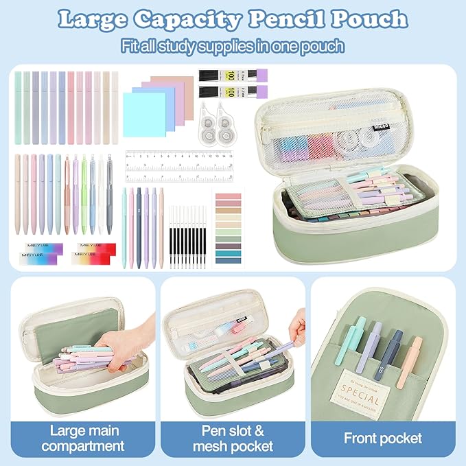 MoKo 56 PCS Aesthetic School Supplies with Pencil Pouch, Cute Stationery Set for Students Office, 12 Gel Pens, 12 Pastel Highlighters, 6 Mechanical Pencils 0.5 & 0.7mm, Sticky Note Index Tab (Green)